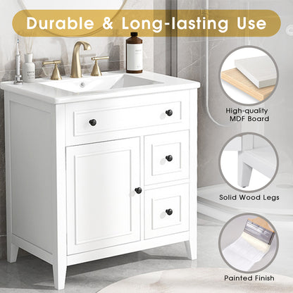 Vimora™ - 30" White Bathroom Vanity with Sink, Solid Wood Cabinet & Drawers, Modern Design