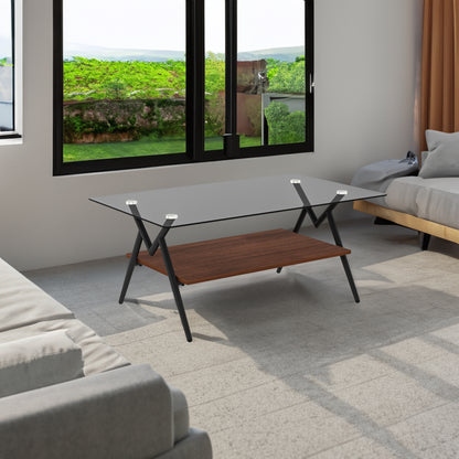 Vimora™ - Modern Rectangle Coffee Table with Tempered Gray Glass Top and Brown MDF Shelf