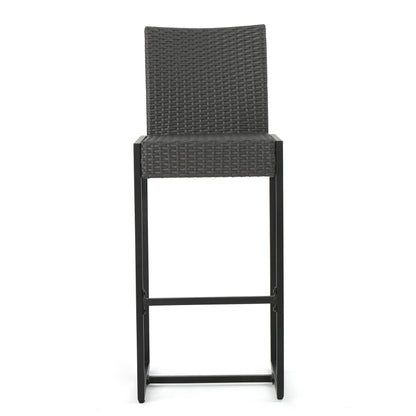 Stylish Vimora™ - Grey Polyethylene Rattan Outdoor Wicker Barstool Set of 2, perfect for outdoor seating.