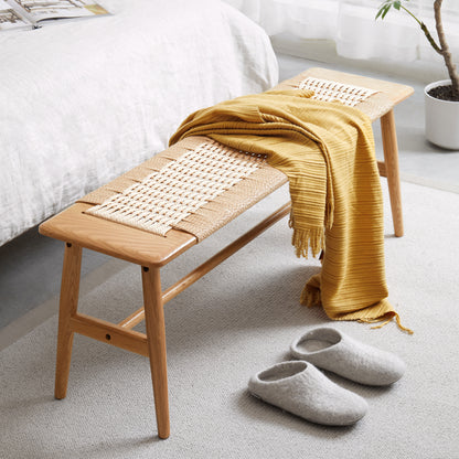 Vimora™ - Woven Design Oak Wood Dining Bench for Entryway, Bedroom, and Living Room