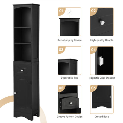 Vimora™ - Tall Black Freestanding Bathroom Cabinet with Drawer & Adjustable Shelves