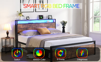 Vimora™ - Queen Size LED Bed Frame with Storage Headboard, Drawers & Charging Station