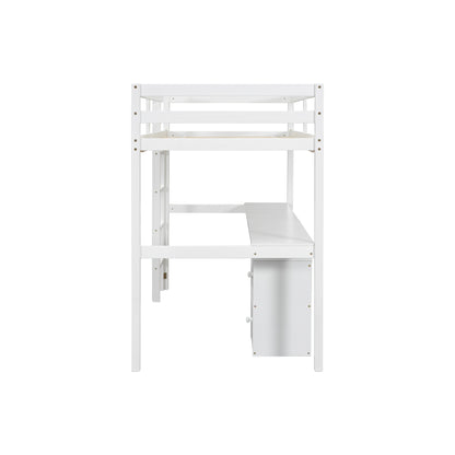 Vimora™ - Twin Loft Wood Bed with Built-in Desk, Storage Cabinet, Guardrails, and Ladder