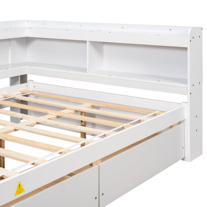 Vimora™ - Full Bed with L-shaped Bookcases and Storage Drawers in White