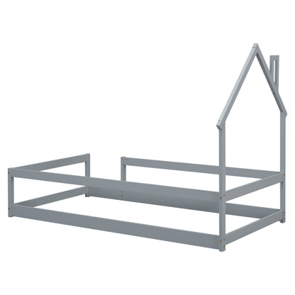 Vimora™ - Twin Size Grey House-Shaped Bed with Guardrails & Pine Wood Frame