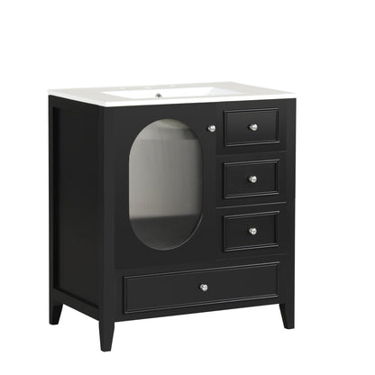 Vimora™ - Black Bathroom Vanity with Sink, Solid Wood, 3 Drawers & Moru Glass Door