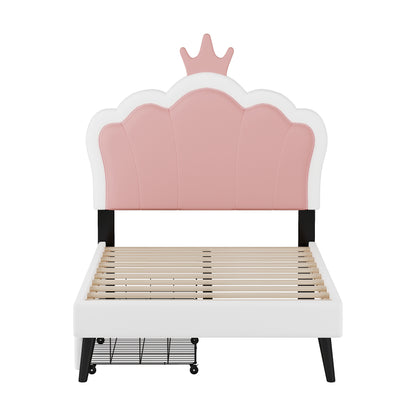 Vimora™ - Twin Size Upholstered Princess Bed with Crown Headboard and Storage Drawers, Pink/White