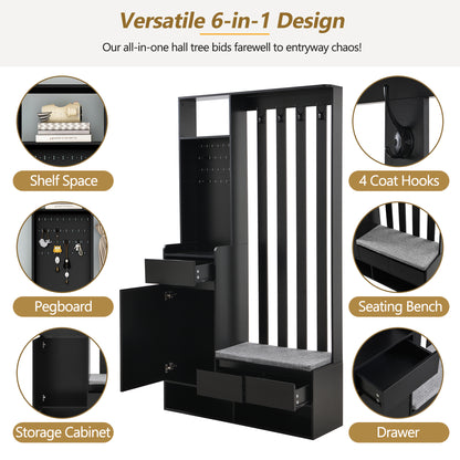 Vimora™ - Multifunctional Hall Tree with Cushioned Bench, Pegboard & Hooks in Black