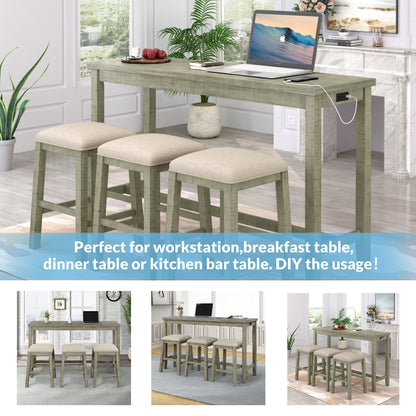 Vimora™ - Rustic 4-Piece Counter Height Dining Set with Padded Stools and Charging Socket