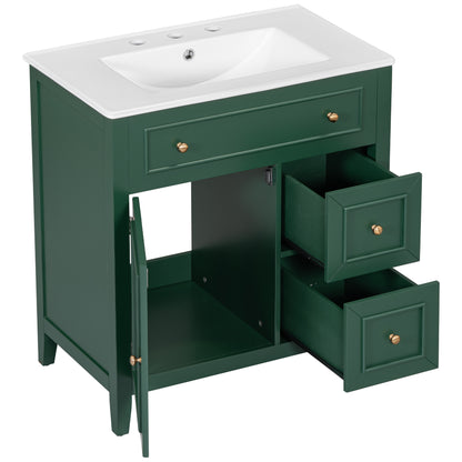 Vimora™ - 30" Green Bathroom Vanity with Sink, Cabinet, and Drawers, Solid Wood Construction