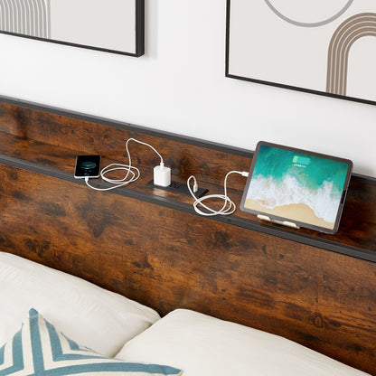 Vimora™ - Rustic Brown Full Size Bed Frame with Charging Station & USB Ports