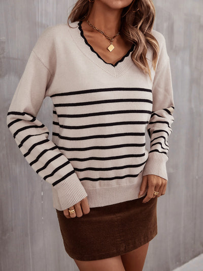 Angel Wings Striped V-Neck Drop Shoulder Sweater