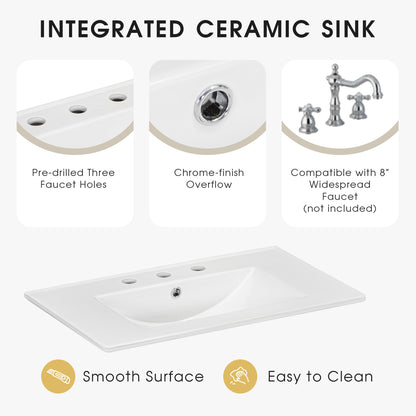 Vimora™ - 30" White Bathroom Vanity with Sink, Solid Wood Cabinet & Drawers, Modern Design