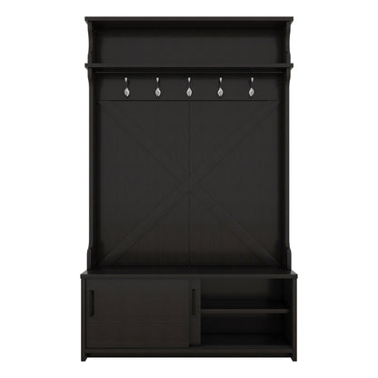 Vimora™ - Black Hall Tree with Storage Bench, Sliding Door & 5 Hooks