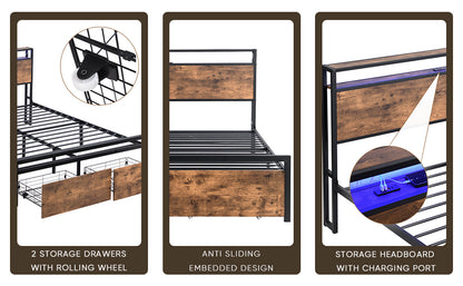 Vimora™ - Full Size Bed Frame with Storage Headboard, LED Lights & Charging Station