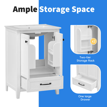 Vimora™ - 24" White Bathroom Vanity with Sink, Solid Wood & MDF, Ample Storage, Modern Design