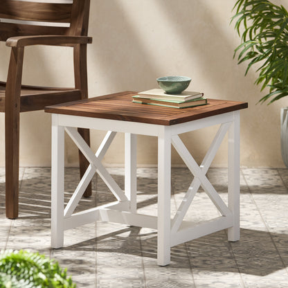 Vimora™ - Stylish Brown & White Acacia Wood End Table with Farmhouse Design