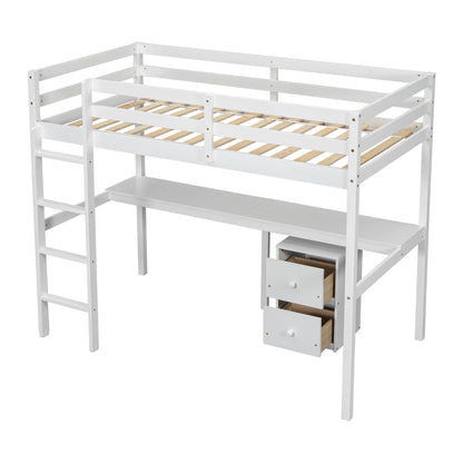 Vimora™ - Twin Loft Wood Bed with Built-in Desk, Storage Cabinet, Guardrails, and Ladder