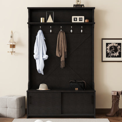 Vimora™ - Black Hall Tree with Storage Bench, Sliding Door & 5 Hooks