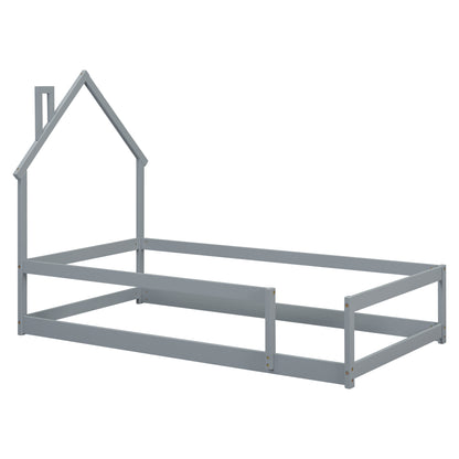 Vimora™ - Twin Size Grey House-Shaped Bed with Guardrails & Pine Wood Frame