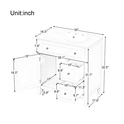 Vimora™ - 30" Green Bathroom Vanity with Sink, Cabinet, and Drawers, Solid Wood Construction