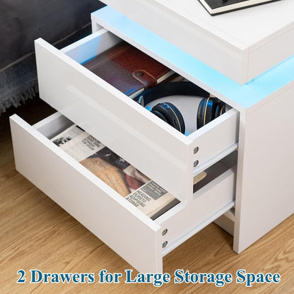 Vimora™ - Modern White Nightstand with 2 Drawers & LED Lights
