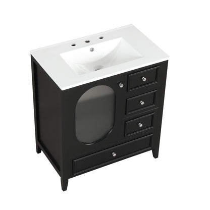 Vimora™ - Black Bathroom Vanity with Sink, Solid Wood, 3 Drawers & Moru Glass Door