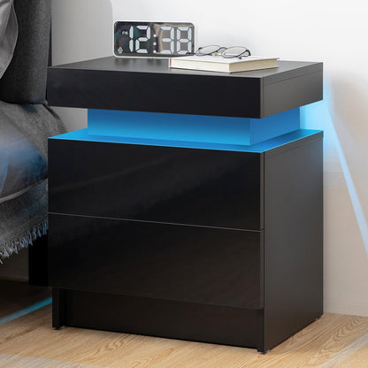 Vimora™ - Modern Black LED Nightstand with Glossy Drawers & Multi-Colour Lighting