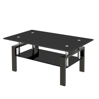 Vimora™ - Modern Black Tempered Glass Coffee Table with 2-Layer Storage