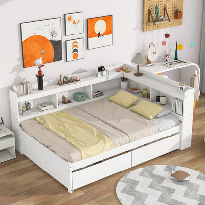 Vimora™ - Full Bed with L-shaped Bookcases and Storage Drawers in White