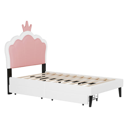 Vimora™ - Twin Size Upholstered Princess Bed with Crown Headboard and Storage Drawers, Pink/White