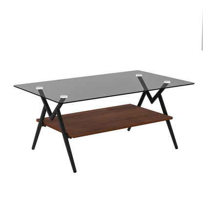 Vimora™ - Modern Rectangle Coffee Table with Tempered Gray Glass Top and Brown MDF Shelf