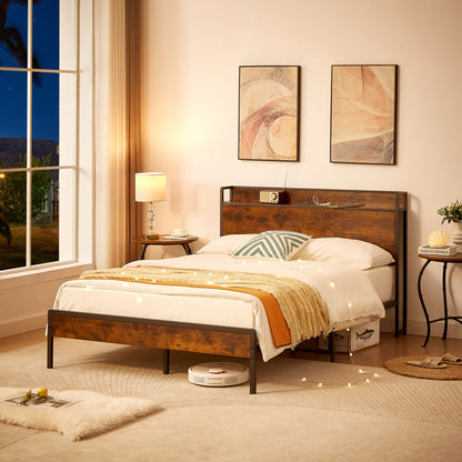 Vimora™ - Rustic Brown Full Size Bed Frame with Charging Station & USB Ports