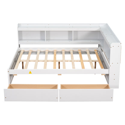 Vimora™ - Full Bed with L-shaped Bookcases and Storage Drawers in White