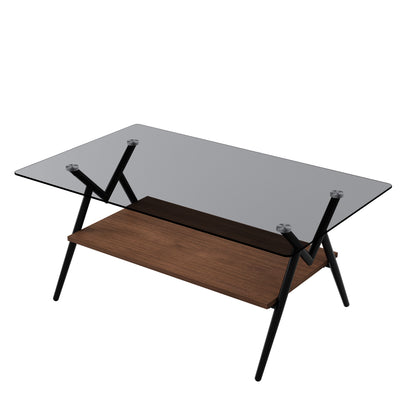 Vimora™ - Modern Rectangle Coffee Table with Tempered Gray Glass Top and Brown MDF Shelf