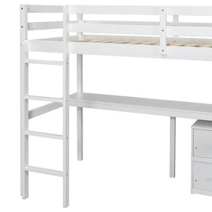 Vimora™ - Twin Loft Wood Bed with Built-in Desk, Storage Cabinet, Guardrails, and Ladder