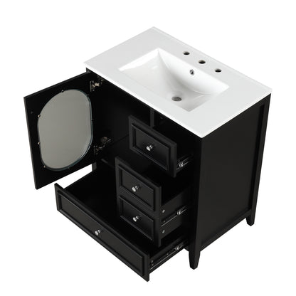 Vimora™ - Black Bathroom Vanity with Sink, Solid Wood, 3 Drawers & Moru Glass Door