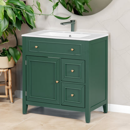 Vimora™ - 30" Green Bathroom Vanity with Sink, Cabinet, and Drawers, Solid Wood Construction