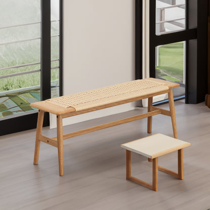 Vimora™ - Woven Design Oak Wood Dining Bench for Entryway, Bedroom, and Living Room