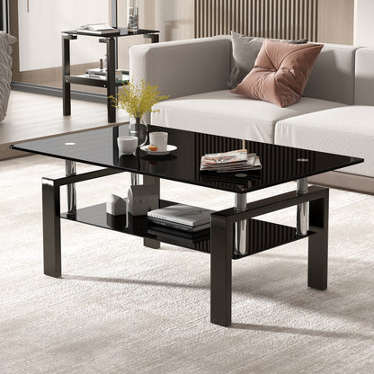 Vimora™ - Modern Black Tempered Glass Coffee Table with 2-Layer Storage