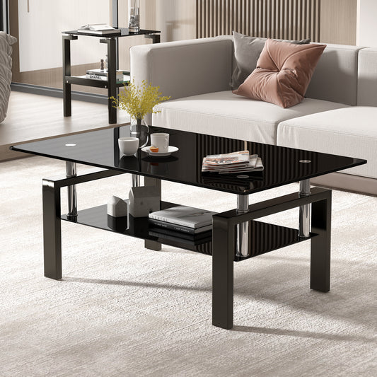 Vimora™ - Modern Black Tempered Glass Coffee Table with 2-Layer Storage