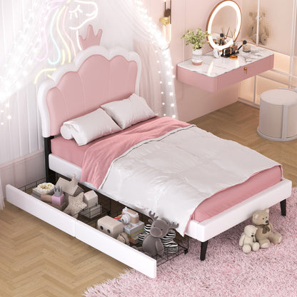 Vimora™ - Twin Size Upholstered Princess Bed with Crown Headboard and Storage Drawers, Pink/White