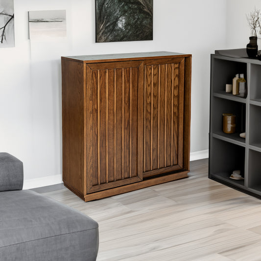 Vimora™ - Walnut Mid Century Sideboard with Sliding Doors & Solid Wood Strips for Stylish Storage