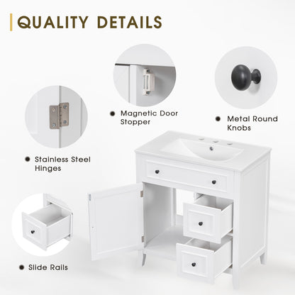 Vimora™ - 30" White Bathroom Vanity with Sink, Solid Wood Cabinet & Drawers, Modern Design