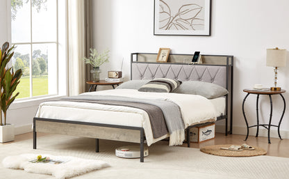 Vimora™ - Full Size Grey Bed Frame with Charging Station, USB Ports & Storage Headboard