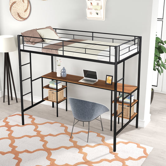 Vimora™ - Twin Loft Bed with Built-in Table, Shelves & Safety Guardrails