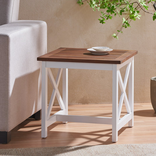 Vimora™ - Stylish Brown & White Acacia Wood End Table with Farmhouse Design