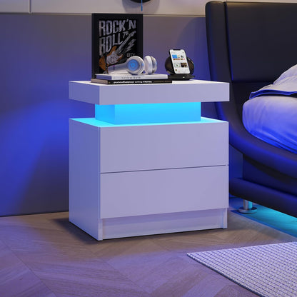 Vimora™ - Modern White Nightstand with 2 Drawers & LED Lights