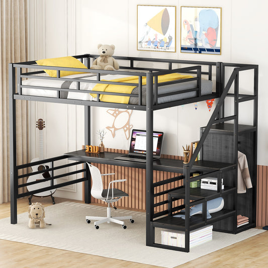 Vimora™ - Full Size Metal Loft Bed with Desk, Storage Staircase and Wardrobe in Black