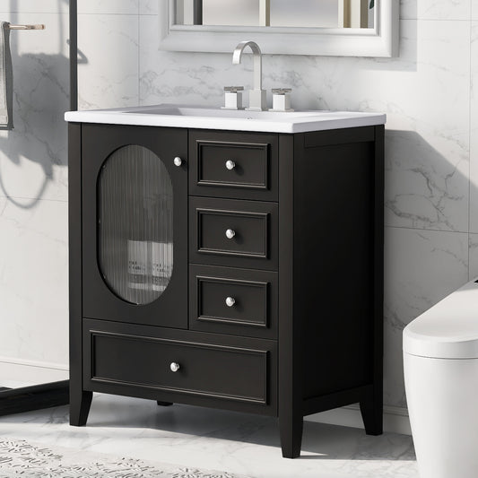 Vimora™ - Black Bathroom Vanity with Sink, Solid Wood, 3 Drawers & Moru Glass Door